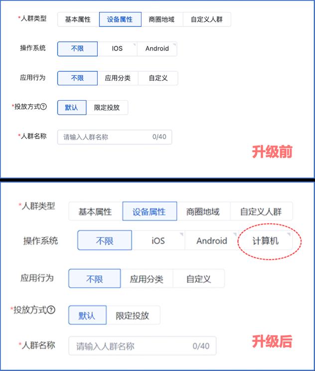 人群投放设置升级，新增计算机设备属性
